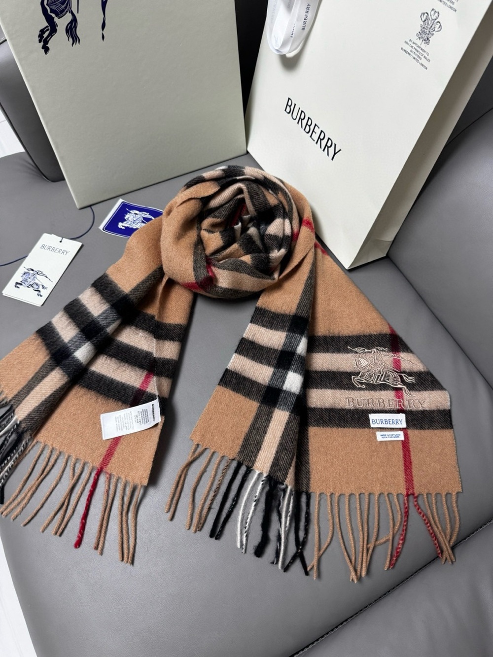 Burberry Camel Black & Red Classic Check Wool Scarf